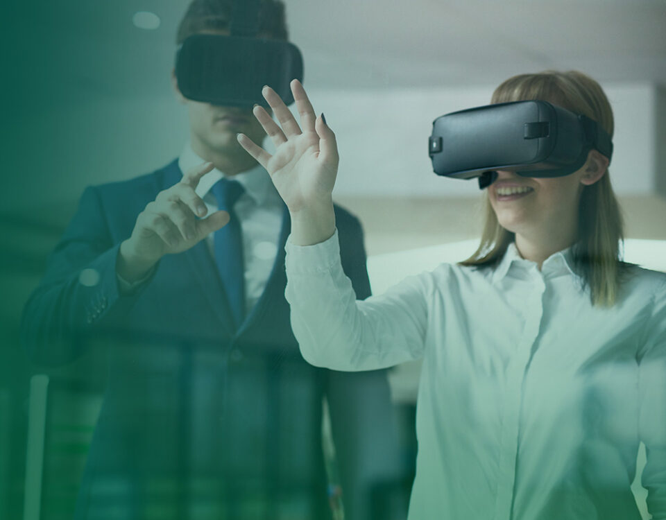 Corporate employees in a VR leadership training session