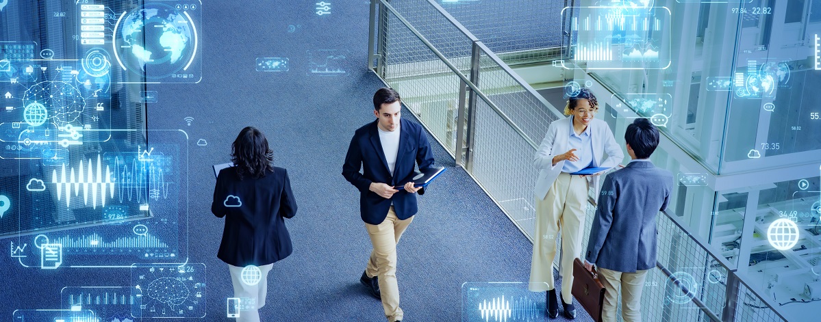 Digital technology concept with multinational people meeting in lobby.